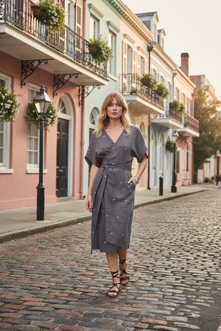 New Anthropologie MIRTH Krabi Jamdani Wrap Midi Dress $328 S/M 2-6 Gray